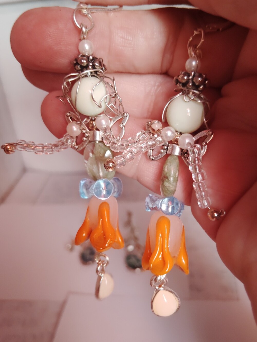 Handmade Fairy Flower Pierced Earrings Orange Blue Green White